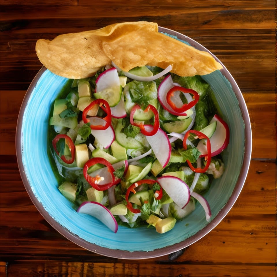 Colorful salad with cucumber, radishes, red peppers, avocado, and pita bread served in a blue bowl on a wooden table.