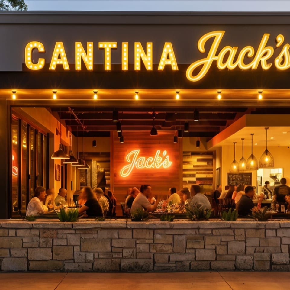 Illuminated Cantina Jack’s restaurant exterior showing diners inside, warm pendant lighting, and a stone patio wall.