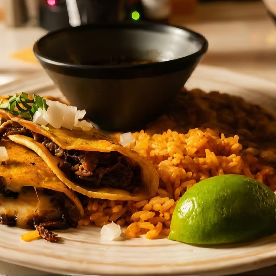 Melted cheese tacos filled with meat and vegetables, served with Mexican rice, lime, and a black dipping bowl.