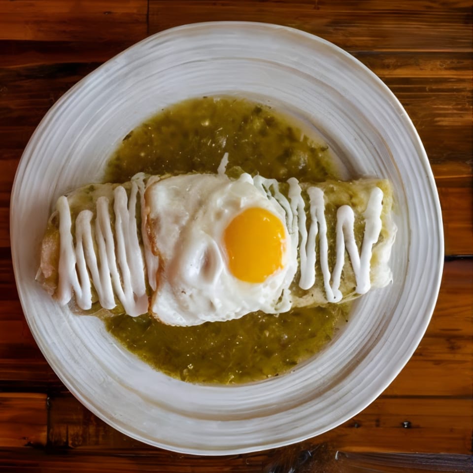Enchilada topped with a fried egg and white crema, served over green salsa on a white plate.