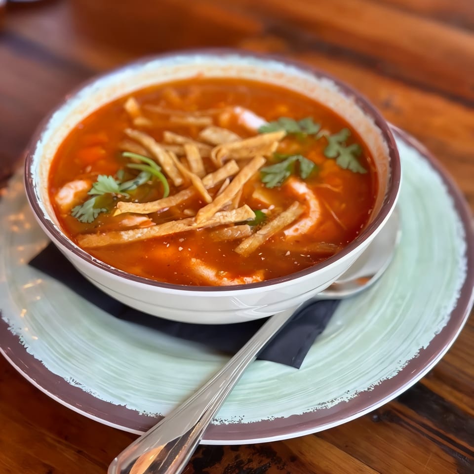 Bowl of red broth topped with crispy tortilla strips and cilantro, served on a decorative plate with a spoon.