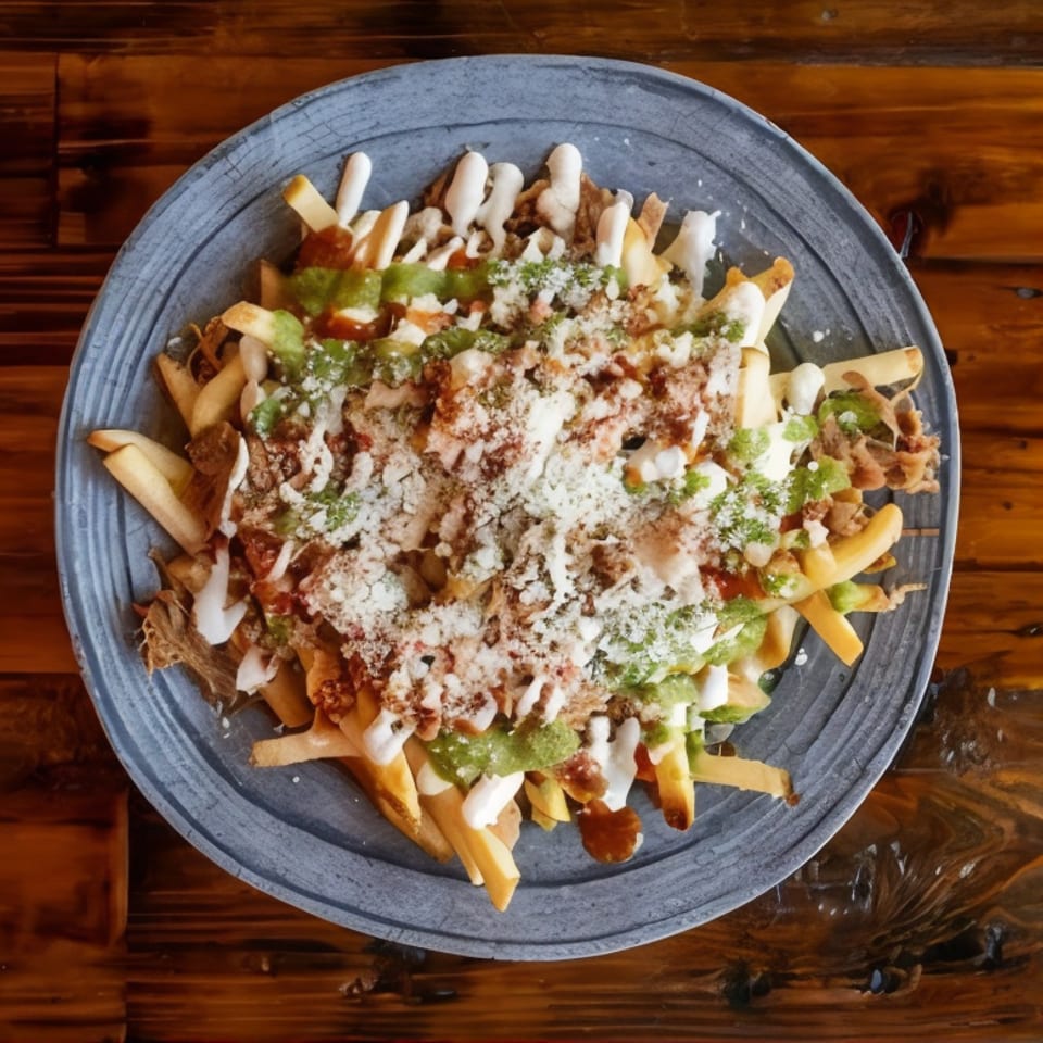 Loaded fries topped with shredded meat, white sauce, green sauce, cheese, and herbs on a blue plate.