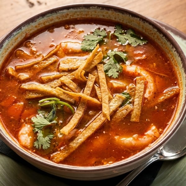 A bowl of vibrant red tortilla soup with shrimp, tortilla strips, and cilantro on a wooden table.