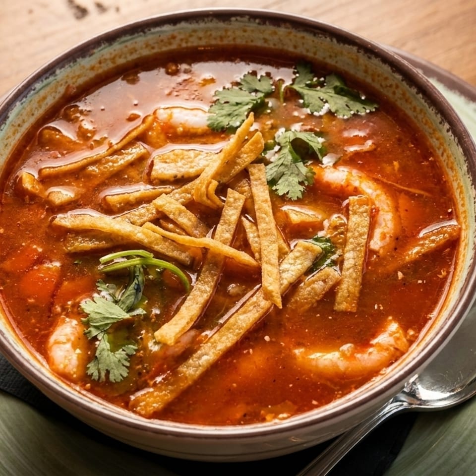 A bowl of vibrant red tortilla soup with shrimp, tortilla strips, and cilantro on a wooden table.