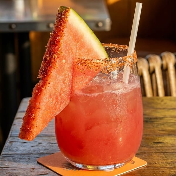 Watermelon cocktail with a chili-lime rim and a large watermelon slice on a wooden table.