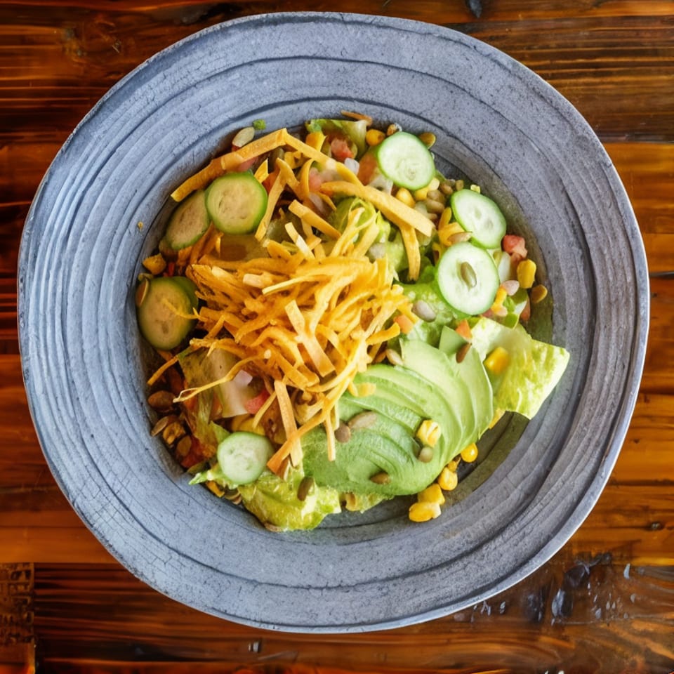 Overhead view of a colorful salad with lettuce, avocado, cucumber, corn, beans, tomatoes, and crispy tortilla strips in a gray bowl.